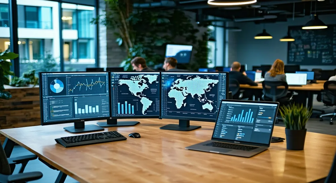 Engineering team reviewing security dashboard in a modern fintech office environment