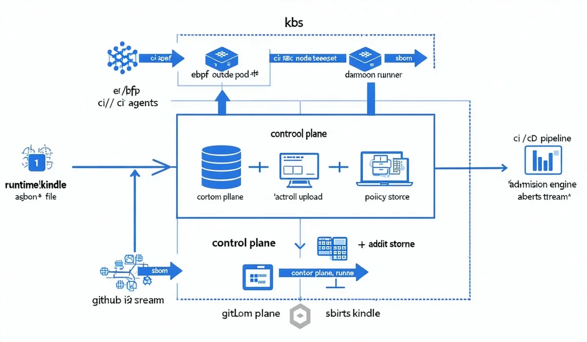 Runtimekindle architecture diagram showing eBPF DaemonSet per node, kernel probes capturing syscalls into ring buffer, local policy engine, and control plane correlating with SBOM and CVE data