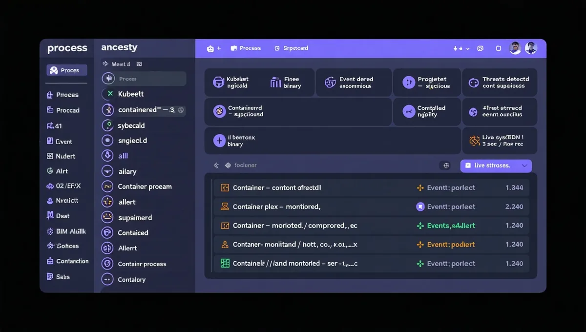 eBPF runtime detection dashboard showing syscall events, process ancestry tree, and container threat alerts in a dark terminal UI