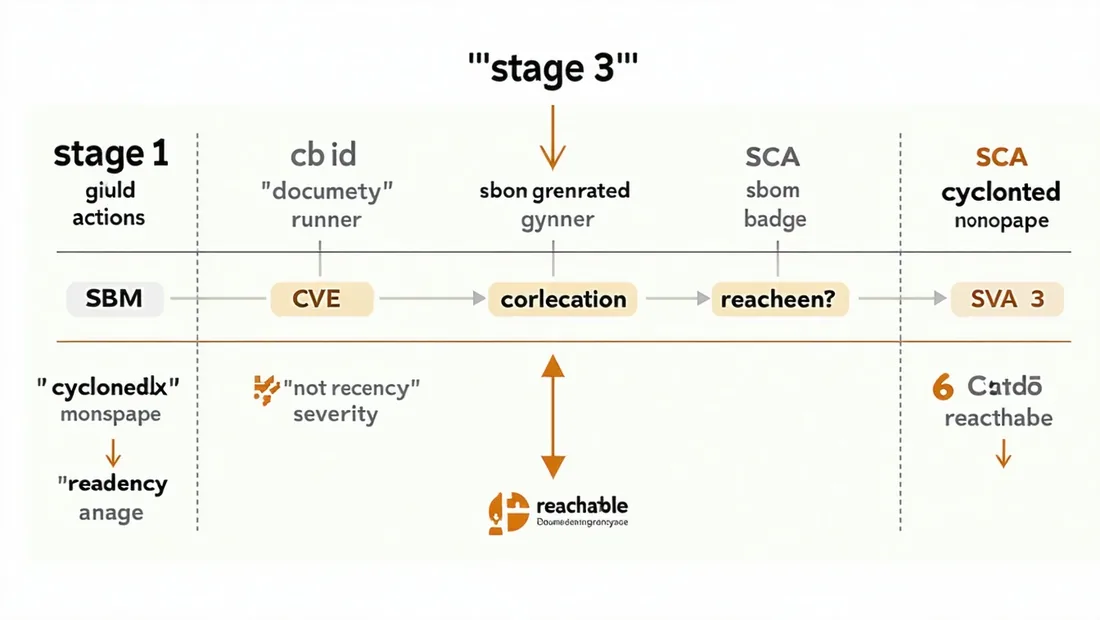 SBOM generation and SCA correlation flow showing CI pipeline producing CycloneDX SBOM, correlated with CVE database and runtime reachability data