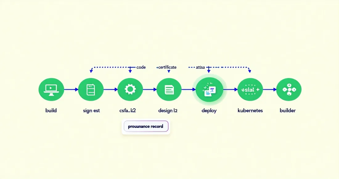 Supply chain attestation flow showing source code through build, signing with Sigstore cosign, and SLSA provenance generation